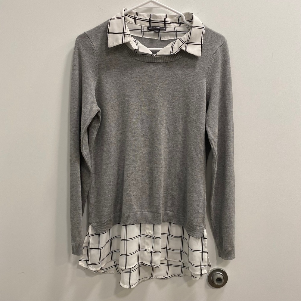 Adrianna Papell Sweater Women S Grey Plaid Layered Look Preppy Shirt Hem Capsule